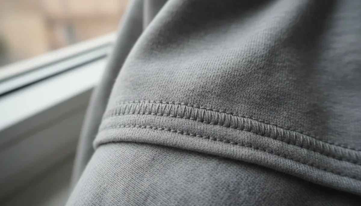Detailed view of balanced stitch tension and edge finishing on a garment hem.