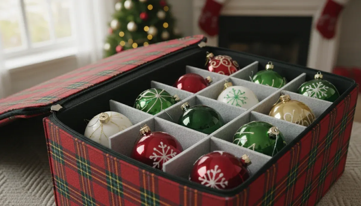 Open seasonal storage chest with adjustable dividers holding fragile ornaments.
