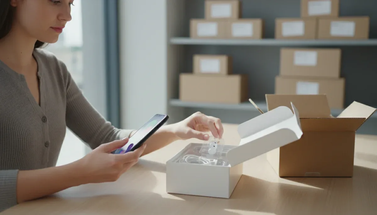 Hands inspecting an unboxed electronic device and accessories