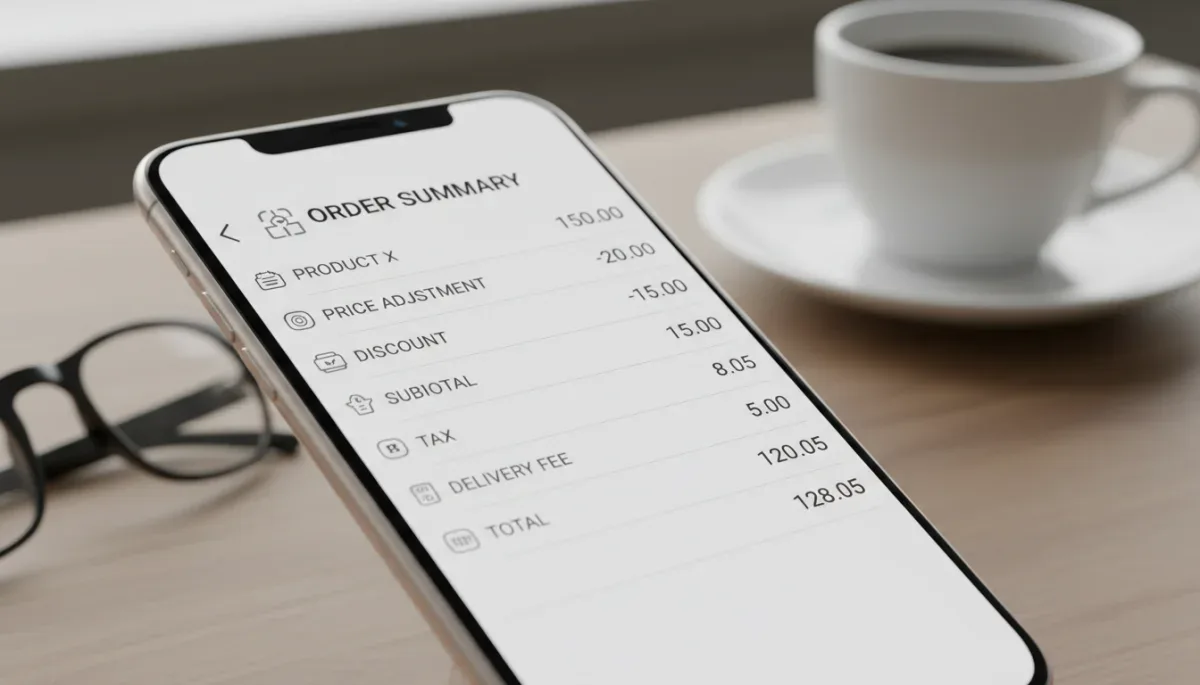 Digital retail receipt on a smartphone displaying order details and price adjustments.