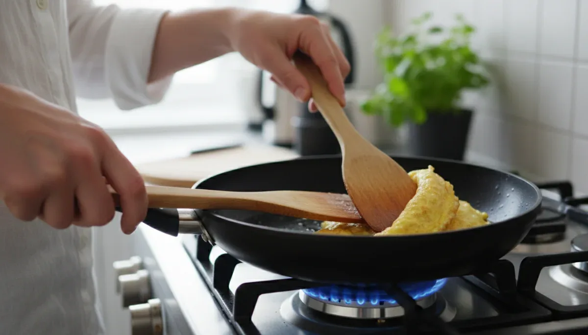 Cooking an egg omelet in a nonstick skillet on a stove.