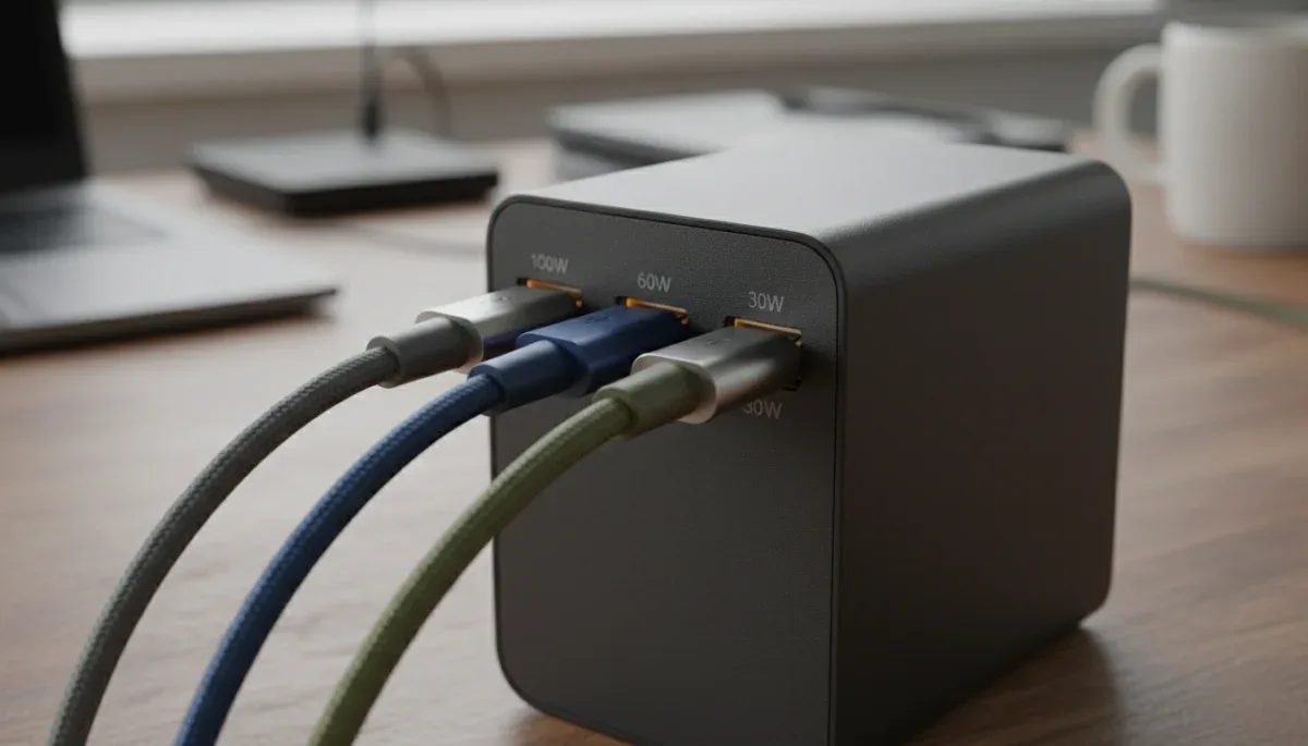 Close-up of USB-C ports and wattage labels on a modern GaN power adapter.