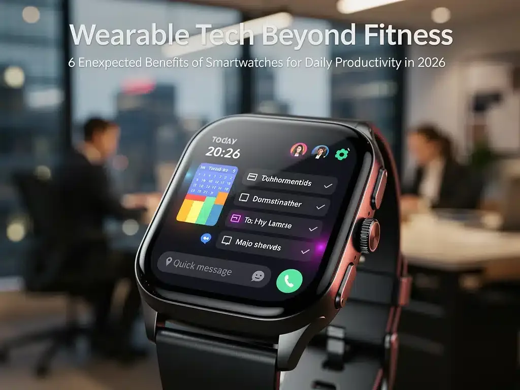 Modern smartwatch showing productivity apps in an urban office setting.