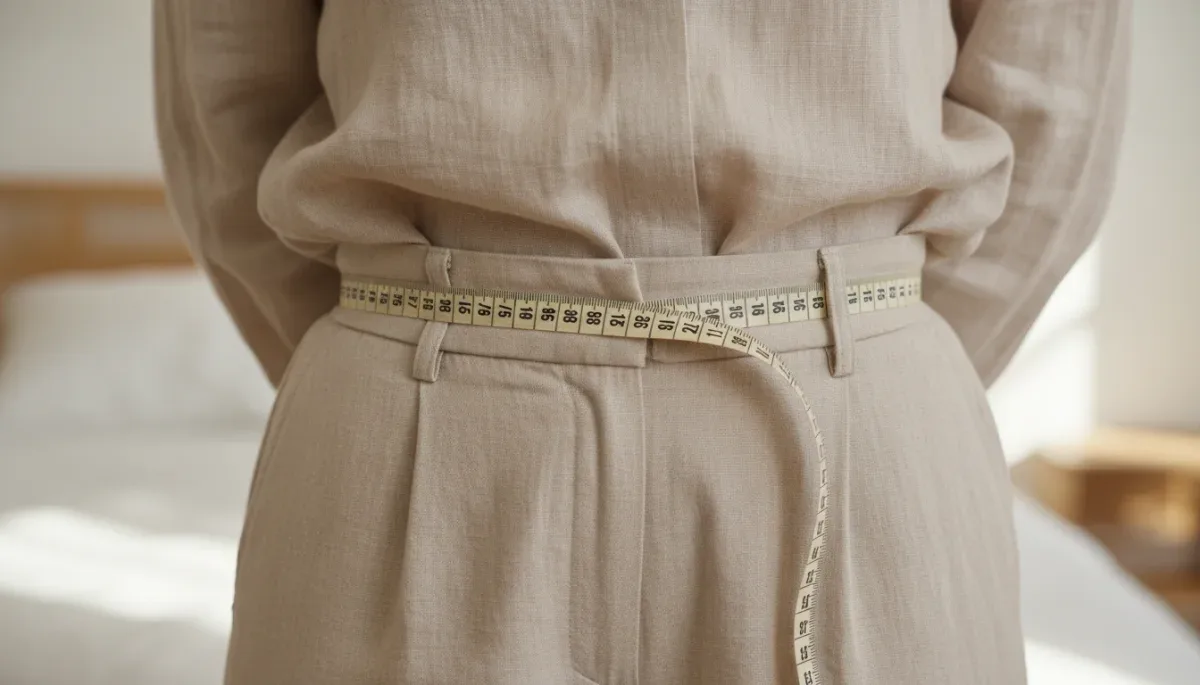 Soft measuring tape placed around a person's waist to measure clothing size