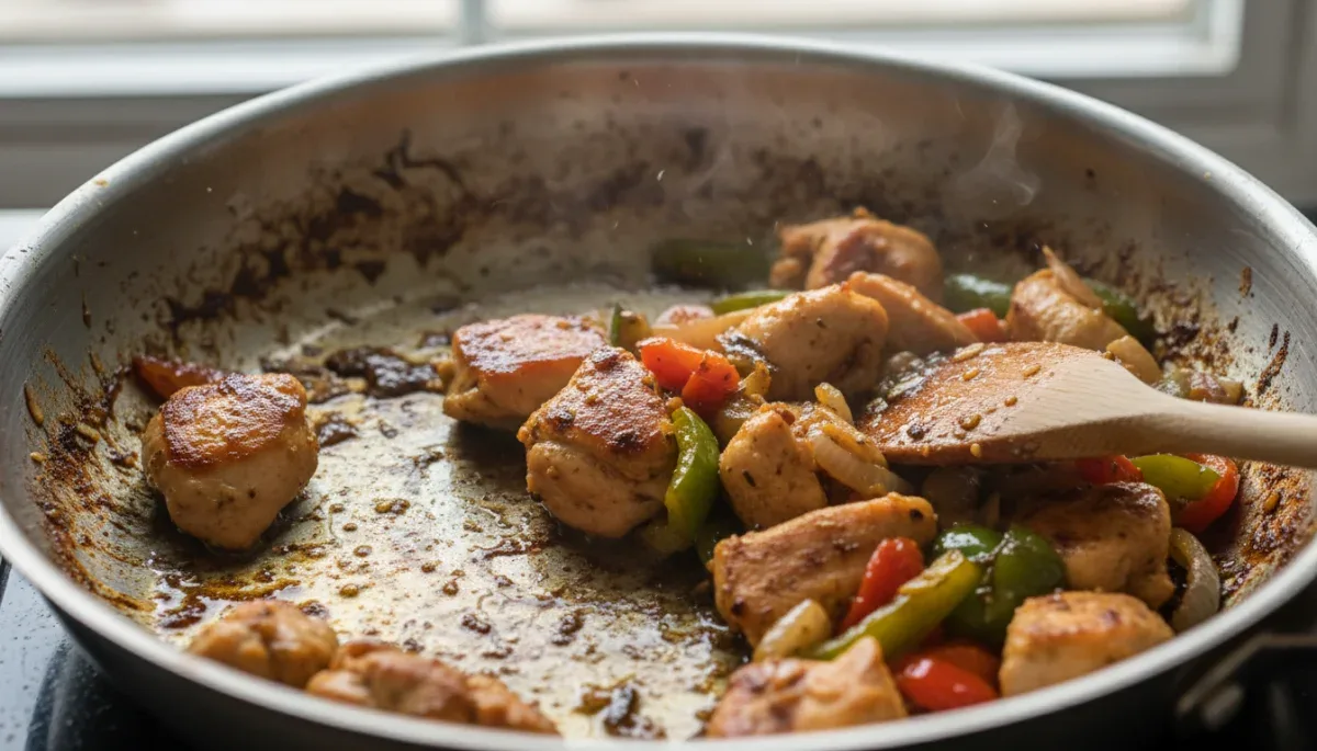 Detailed view of meat searing in a stainless steel pan showing fond development.