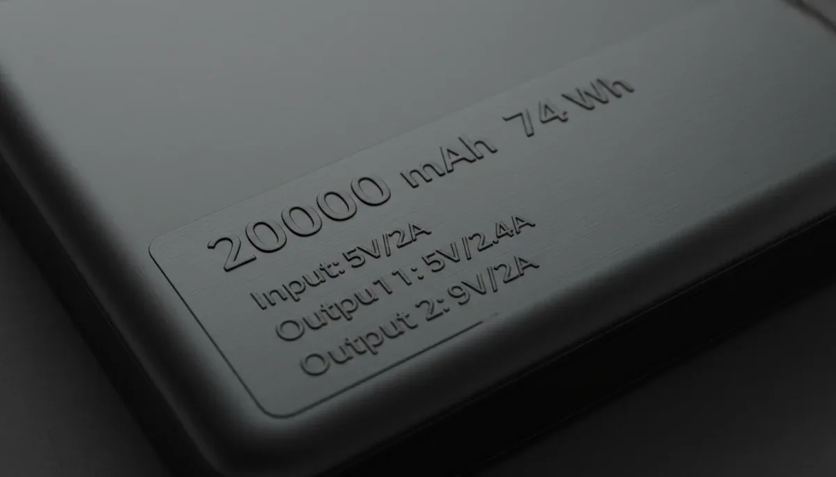 Close-up of technical specifications printed on the back of a power bank