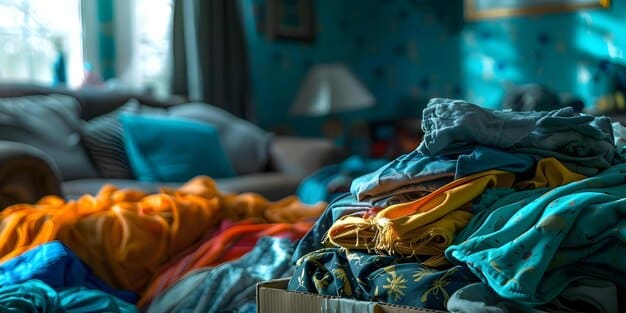A close-up shot of someone sorting through a pile of clothes, separating items into 
