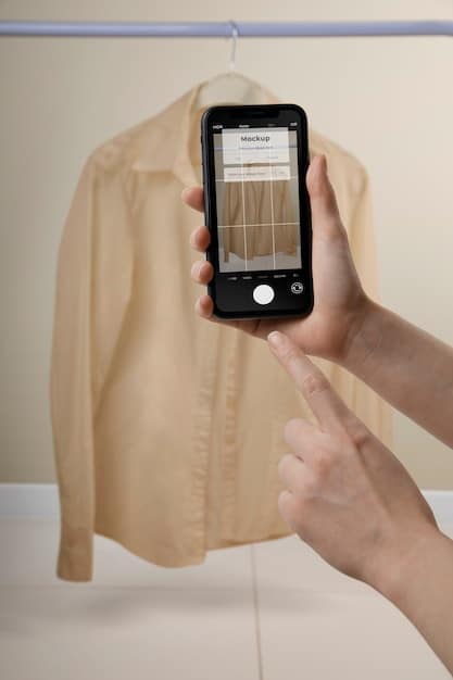 Garments hanging on a clothing rack, each tagged with a QR code. A smartphone is pointed at one of the QR codes, suggesting that scanning it will reveal information about the garment's origin, materials, and environmental impact. The store setting is modern and eco-friendly, with plants and natural materials visible.