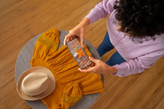 A person using a smartphone to take photos of clothes they plan to donate. The background shows a well-organized room with boxes labeled 'Clothes Donations' and 'Tax Records'. The lighting is bright, emphasizing the clarity and detail of the items being photographed.