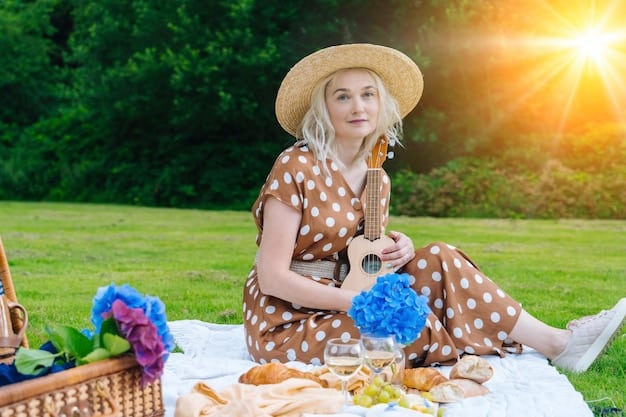 A woman wearing a flowy rayon sundress and straw hat, enjoying a picnic in a park. The image showcases the fabric's drape and suitability for summer leisure activities.