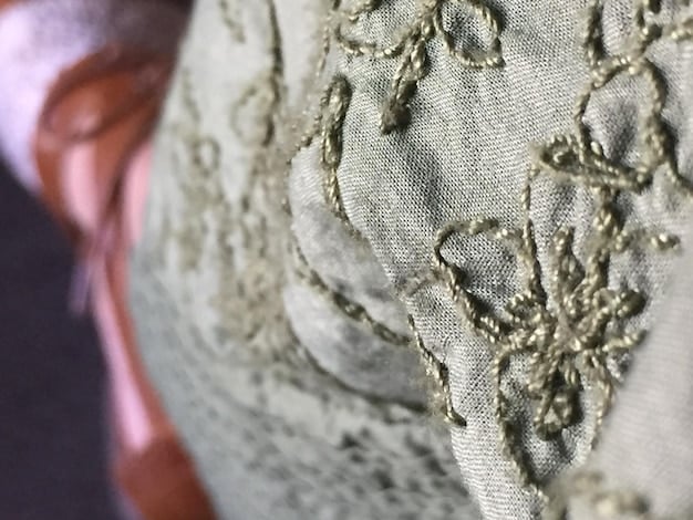 Close-up of a vintage dress, focusing on the fabric and stitching details. The image highlights the intricate craftsmanship and design of the vintage garment.