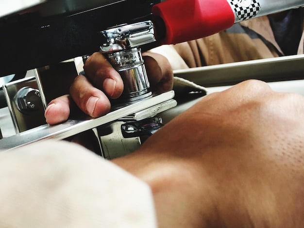 A close-up shot of a sewing machine in action, with a person's hands guiding fabric under the needle. The image highlights the precision and control required for accurate stitching.