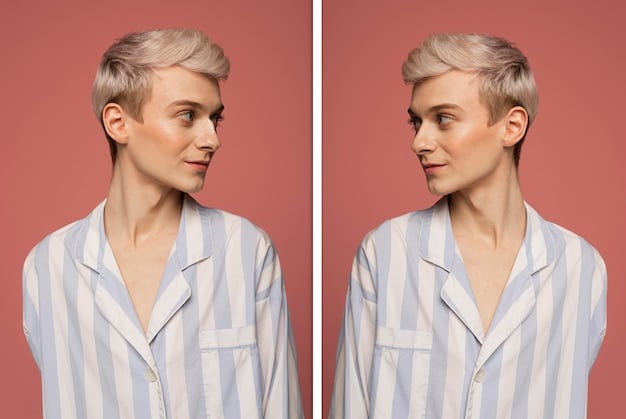 A split image showing a woman with cool undertones. On one side she's wearing a warm yellow top, making her skin look dull, and on the other side she's wearing a cool blue top, brightening her complexion and making her eyes sparkle.