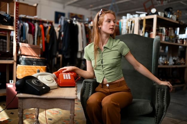 A woman browsing through a well-organized vintage clothing rack at a thrift store. The clothes are a mix of styles and colors, and the setting is bright and inviting. The woman is smiling as she examines a garment, conveying the excitement of finding a unique and affordable fashion piece.