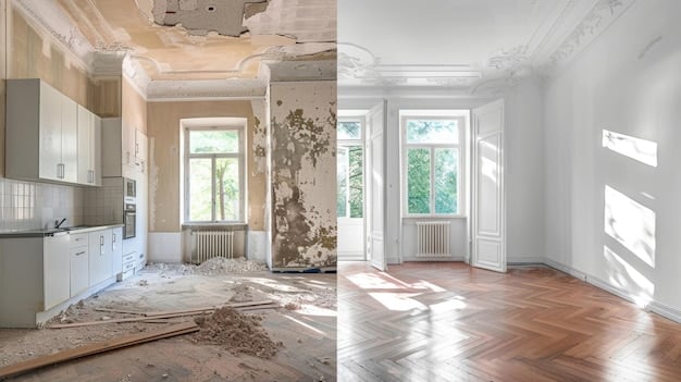 A before-and-after shot of a living room coffee table. The 