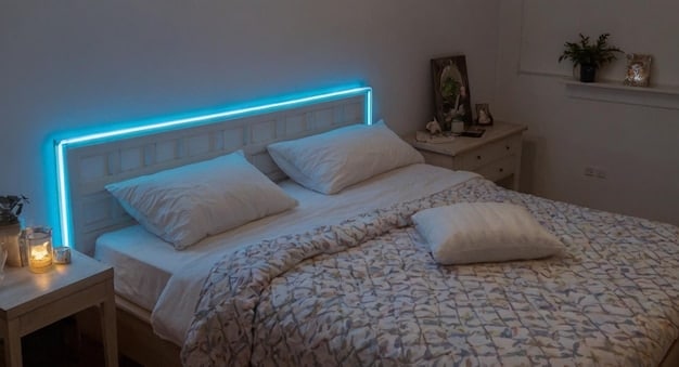 A modern bedroom with smart lighting, including LED strip lighting behind the headboard, smart bedside lamps, and automated blinds controlled by a smartphone app. The room is bathed in soft, warm light, creating a relaxing and inviting atmosphere.
