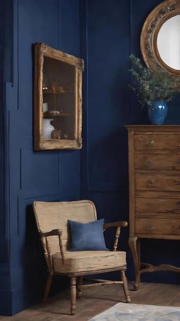 A cozy living room in a traditional-style home, featuring walls painted in a rich, deep blue. The contrast with the white trim and warm wooden furniture creates a classic and inviting atmosphere.