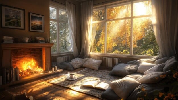 A living room featuring thermal curtains in a rich color, drawn closed over a large window. The image should convey a sense of warmth and insulation.