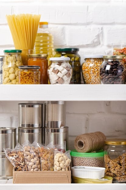 An organized pantry with clear containers, labeled shelves, and neatly arranged food items, showcasing an efficient storage system.