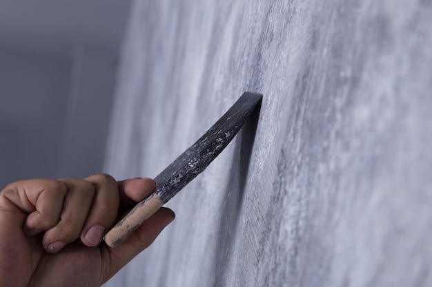 A close-up shot of a homeowner using a drywall knife to apply joint compound to a small hole in a drywall wall. The image should clearly show the tools and materials used, as well as the technique for applying the compound smoothly.