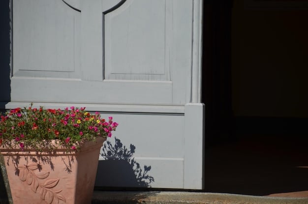 A freshly painted front door with a new welcome mat, potted plants, and updated door hardware, showcasing excellent curb appeal.