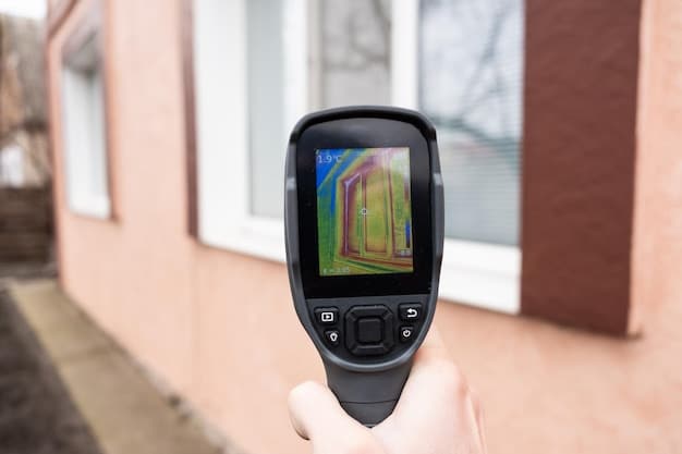 An image showing a thermal imaging camera pointed at a house, clearly indicating areas of heat loss (red and yellow) and areas of good insulation (blue and green). The image should highlight specific areas like windows, walls, and the roof.
