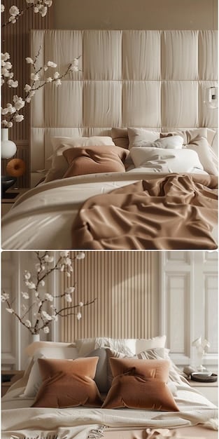 A master bedroom staged with a neutral color palette, soft lighting, and luxurious bedding, creating a serene and inviting atmosphere.