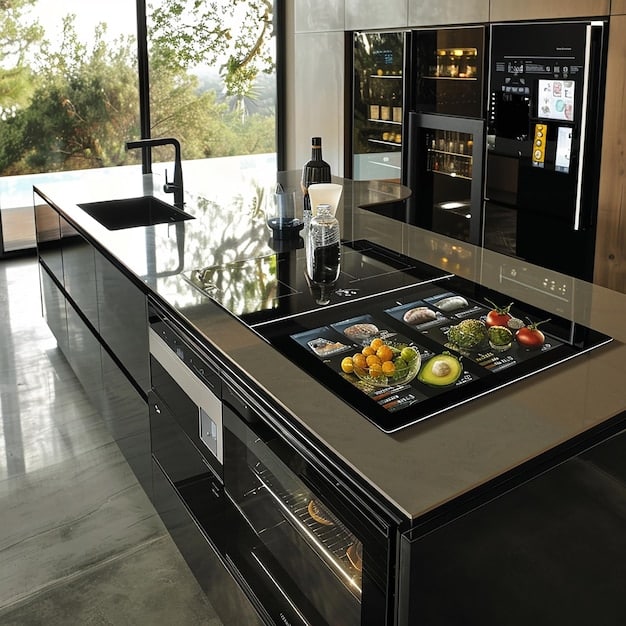 A sleek, modern kitchen featuring a smart refrigerator with a built-in display showing the contents inside. The refrigerator is integrated seamlessly into the cabinetry.