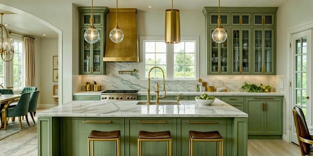 A modern kitchen featuring olive green cabinets, brass hardware, and a marble countertop. The kitchen is well-lit with natural light and gold pendant lights above the island.