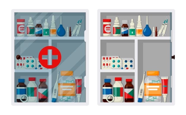 A medicine cabinet with a child-resistant lock, showing various medications stored safely out of reach of children.