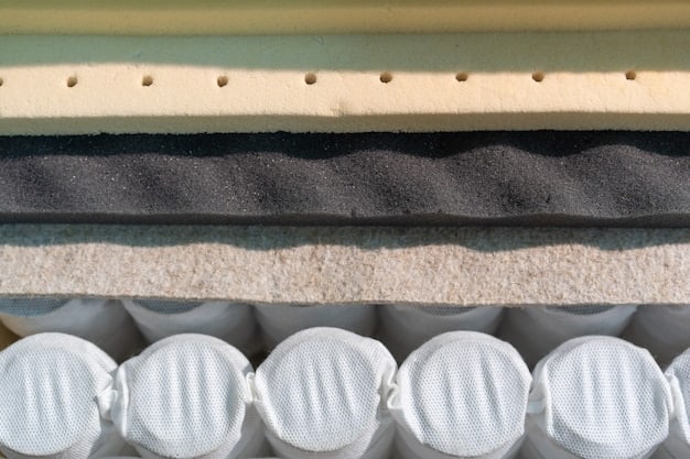 A detailed close-up of different mattress layers showing the construction and materials used, such as memory foam, coils, and latex.