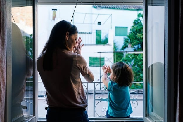 A parent installing a window lock on a bedroom window, ensuring the window can only be opened a few inches. The scene is a brightly lit nursery with a crib in the background.