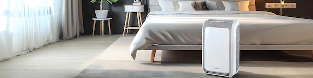 A sleek, modern air purifier positioned in the corner of a bedroom, with a digital display showing real-time air quality readings. The room is decorated with calming colors and minimalist furniture, suggesting a focus on health and well-being.