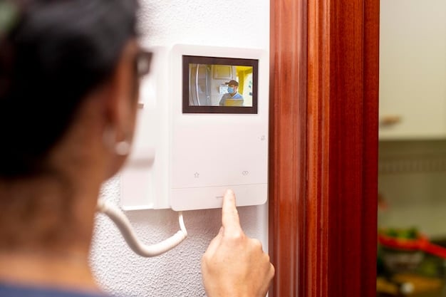A close-up of a smart doorbell camera capturing a clear image of a person at the door. The camera is sleek and modern, blending seamlessly with the doorframe. The image quality is high, showcasing the advanced facial recognition capabilities of the system.