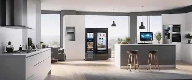 A modern kitchen featuring smart appliances, including a refrigerator with a large touch screen displaying a grocery list, and a smart oven with a digital interface showing cooking progress. The kitchen is well-lit and showcases a seamless blend of technology and design.