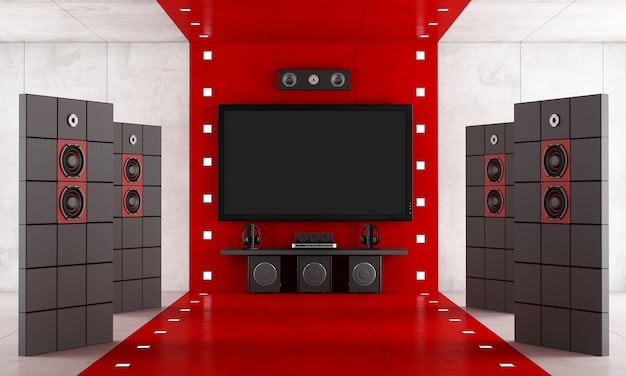 A modern entertainment center with a large smart TV displaying vibrant visuals, complemented by a sleek sound system and integrated smart lighting, creating an immersive home theater experience.