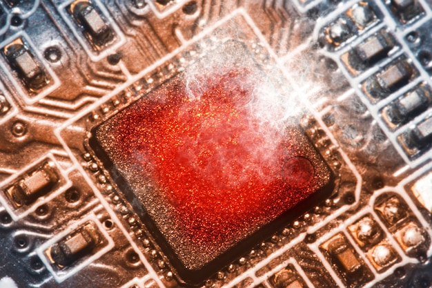 A detailed close-up of a quantum processor chip, showcasing the intricate connections and superconducting materials at cryogenic temperatures, highlighting the complex engineering required for quantum computing hardware.