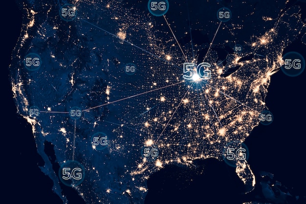 A map of the United States highlighting areas with limited or no broadband access. Overlaid on the map are 5G signal icons indicating potential coverage areas.