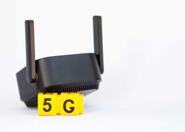 A close-up of a 5G modem with various symbols on it