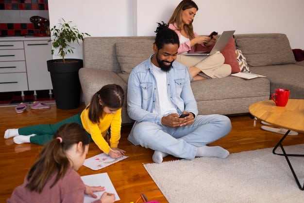A family in a house with children attending school over the internet.