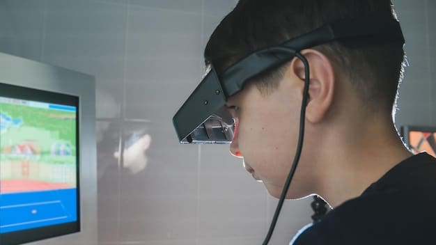 A technician wearing AR glasses is shown repairing a complex machine with holographic instructions overlaid on the equipment, demonstrating the use of AR for real-time guidance and training.
