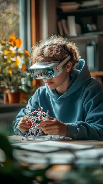 A student wearing AR glasses in a science class, examining a virtual model of the solar system that is projected in front of them. The image should capture the student's sense of wonder and engagement as they interact with the AR content.