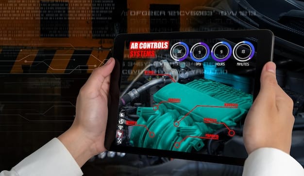 A mechanic using a tablet with an AR application to view a virtual overlay of a car engine. The AR application highlights specific parts of the engine and provides repair instructions.