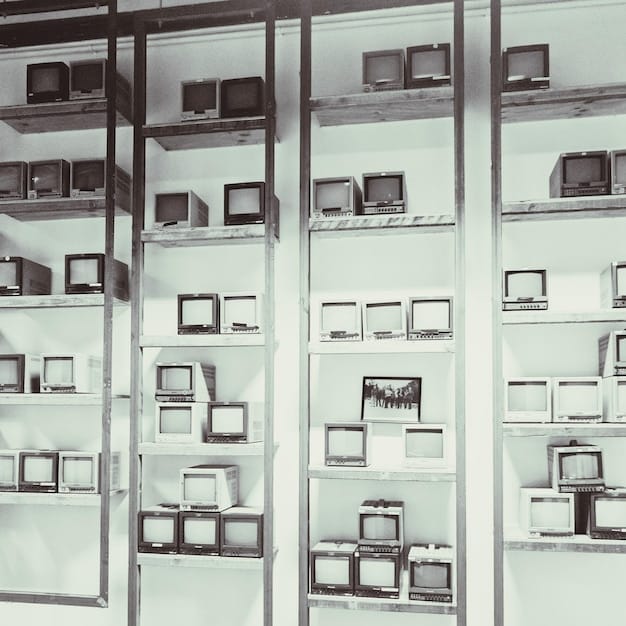 A photograph of empty shelves in an electronics store, symbolizing the lack of availability of consumer electronics due to chip shortages. Focus on the disappointment and frustration of potential customers.