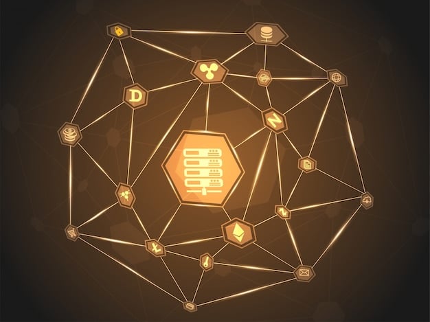 A graphical representation of a blockchain, showing interconnected blocks, each containing transaction data and a cryptographic hash. The image emphasizes the immutability and transparency of the blockchain, highlighting its security features.