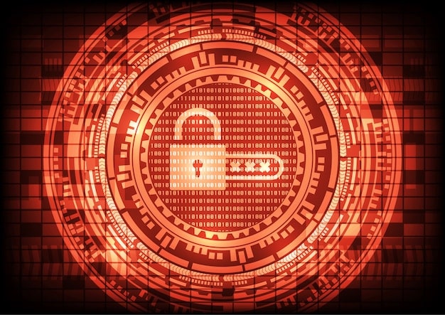 An illustration of a digital firewall with binary code cascading around a central shield, symbolizing protection against cyber threats. The shield is brightly lit, contrasting with a dark background filled with abstract data streams.