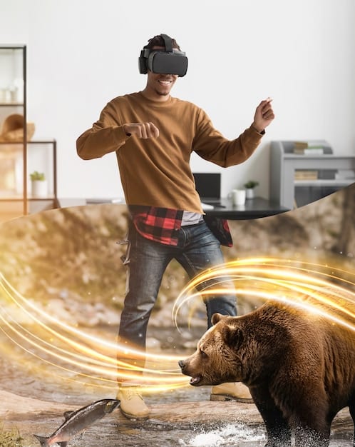 A person wearing a VR headset and holding motion controllers, actively playing a VR game with a cityscape background projected on a screen, illustrating the immersive and interactive nature of VR gaming.