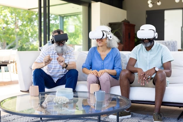 Several people playing a cloud-based VR game in a virtual arcade, interacting with each other in a shared virtual space.