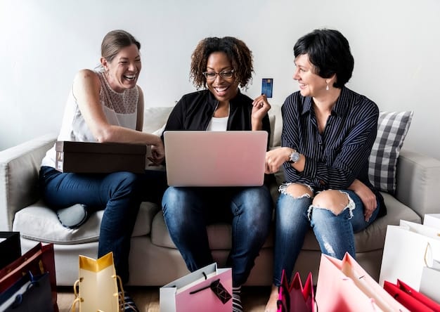 A group of diverse shoppers excitedly watching a SHEIN Live Shopping event on a tablet, with shopping bags and fashion magazines scattered around them, showing a communal and enjoyable shopping experience.