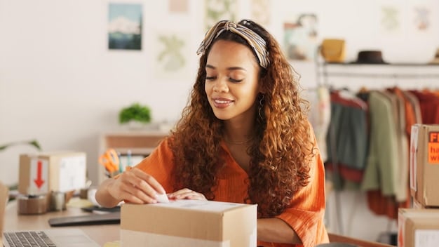 An image of a customer happily holding a SHEIN package, with a focus on the return label and instructions. The image should convey a sense of ease and transparency in the return process.